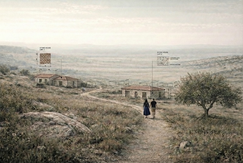 Open undeveloped land of Israel with subtle topographic lines and faint modular grid ghosted in the distance