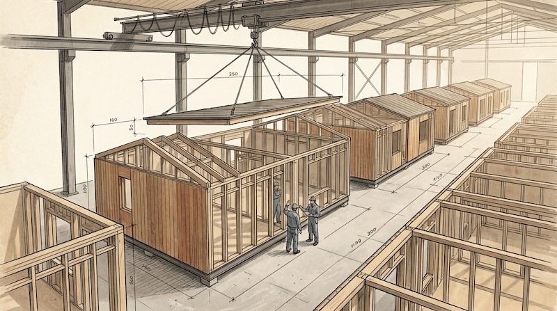 Overhead crane system in a modular housing factory with precision framing and geometric repetition
