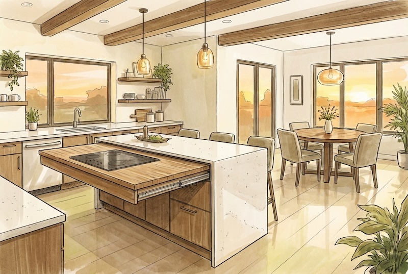 Compact interior room transitioning to an expanded dining room configuration