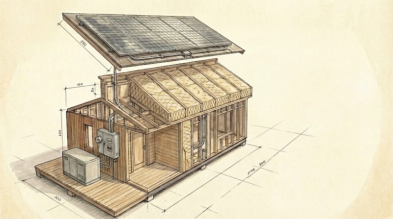 Cutaway rendering of a modular home showing solar roof, insulation, wiring channel, and battery control hub