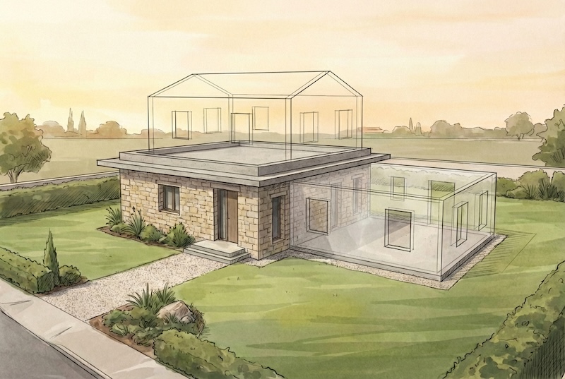 Minimalist line-drawn concept diagram showing horizontal and vertical housing expansion phases